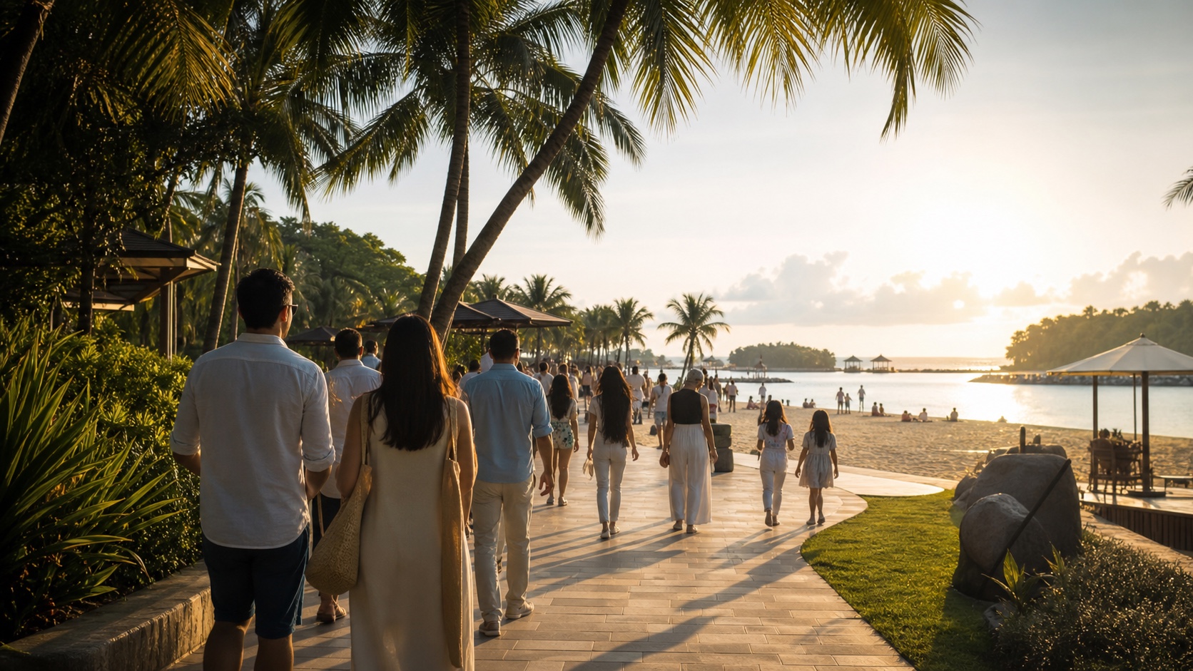 Guests moving through a Sentosa beachside journey