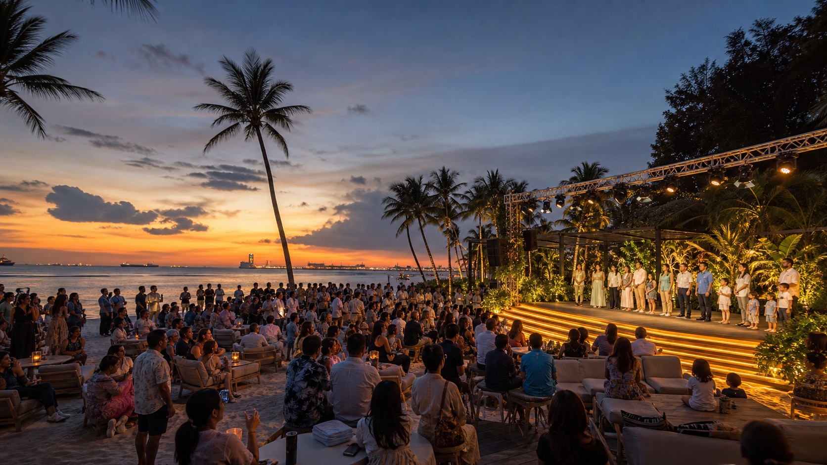Generated concept visual of a Sentosa beachside event finale at dusk